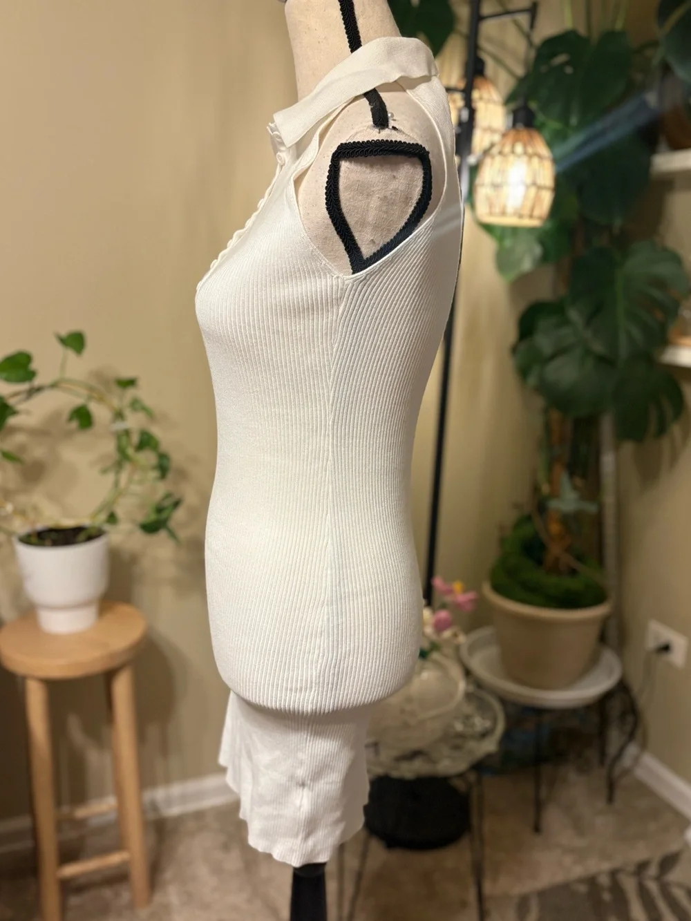 Ribbed Halter Polo Mini Dress in White